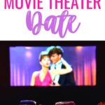 pin with text that reads "Drive-in Movie Theater Date" with photo of cars parked with man and woman on the screen.